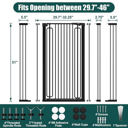 keny 29.7"-46" Baby Gate for Stairs, Auto Close Dog Gates for Doorways, Pressured Mounted No Drilling Pet Gate Extra Wide, One-Hand Opening Dual Lock Stair Gate, Indoor Kids Necessities, Black