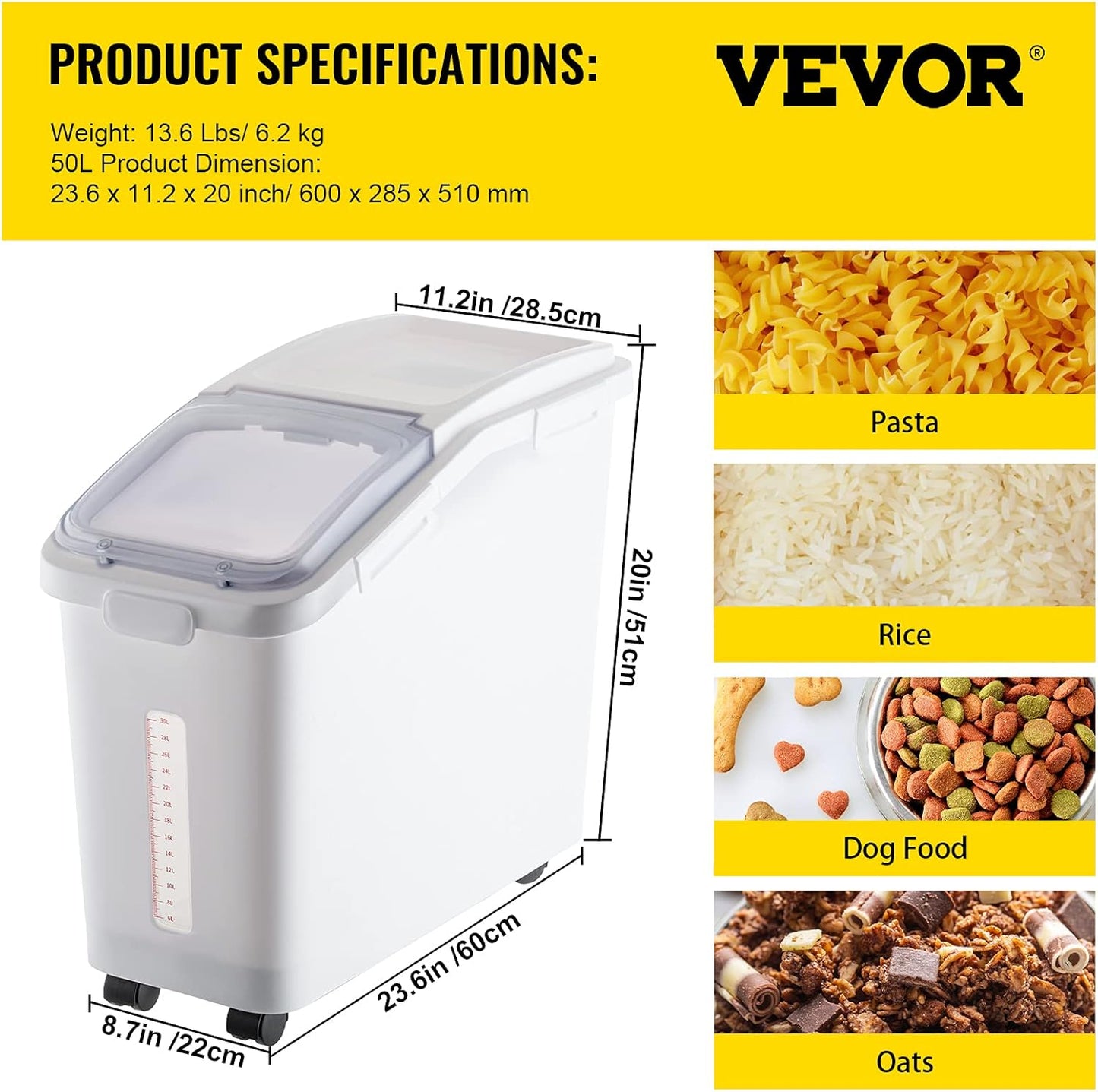 VEVOR Rice Storage Container, 4.5Gallon/20L Capacity Large Dog Food Dispenser Bin, Kitchen Ingredient Grain Cereal Flour Bin, Pet food Containers with Wheels, Measuring Cup, Airtight Lid, 1 Pack