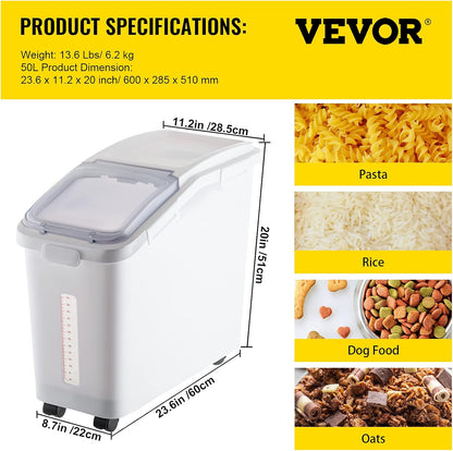 VEVOR Rice Storage Container, 4.5Gallon/20L Capacity Large Dog Food Dispenser Bin, Kitchen Ingredient Grain Cereal Flour Bin, Pet food Containers with Wheels, Measuring Cup, Airtight Lid, 1 Pack