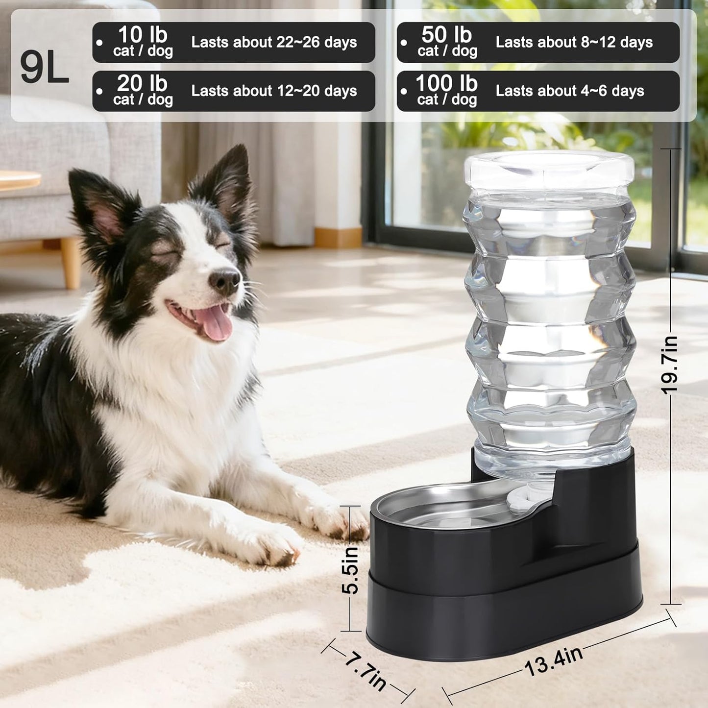 RIZZARI 8L Elevated Pet Water Dispenser – Stainless Steel Gravity Waterer with Auto-Refill Design for Medium and Large Dogs & Senior Pets -Comfortable Drinking Height for Living Rooms,Multi-Pet Homes