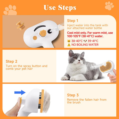 Pet Steam Brush for Dog & Cat – 3-in-1 Spray Hair Removal Comb for Shedding & Grooming, Softens Fur & Reduces Static – Water Brush for Long & Short Coats, Bath-Hating Pets, Includes Waterless Shampoo