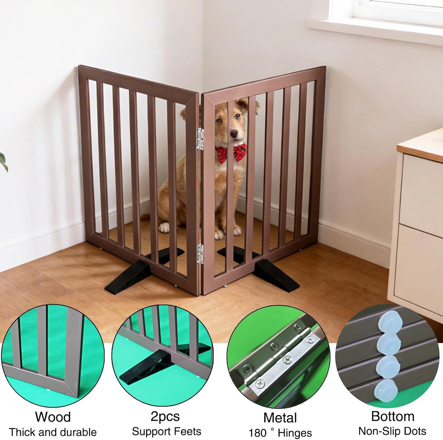 ZJSF Freestanding Indoor Dog Gate for House Foldable Wood Puppy Gate for Doorways Pet Gate for Stairs Extra Wide Pet Fence, Brown, 24" Height 3 Panels