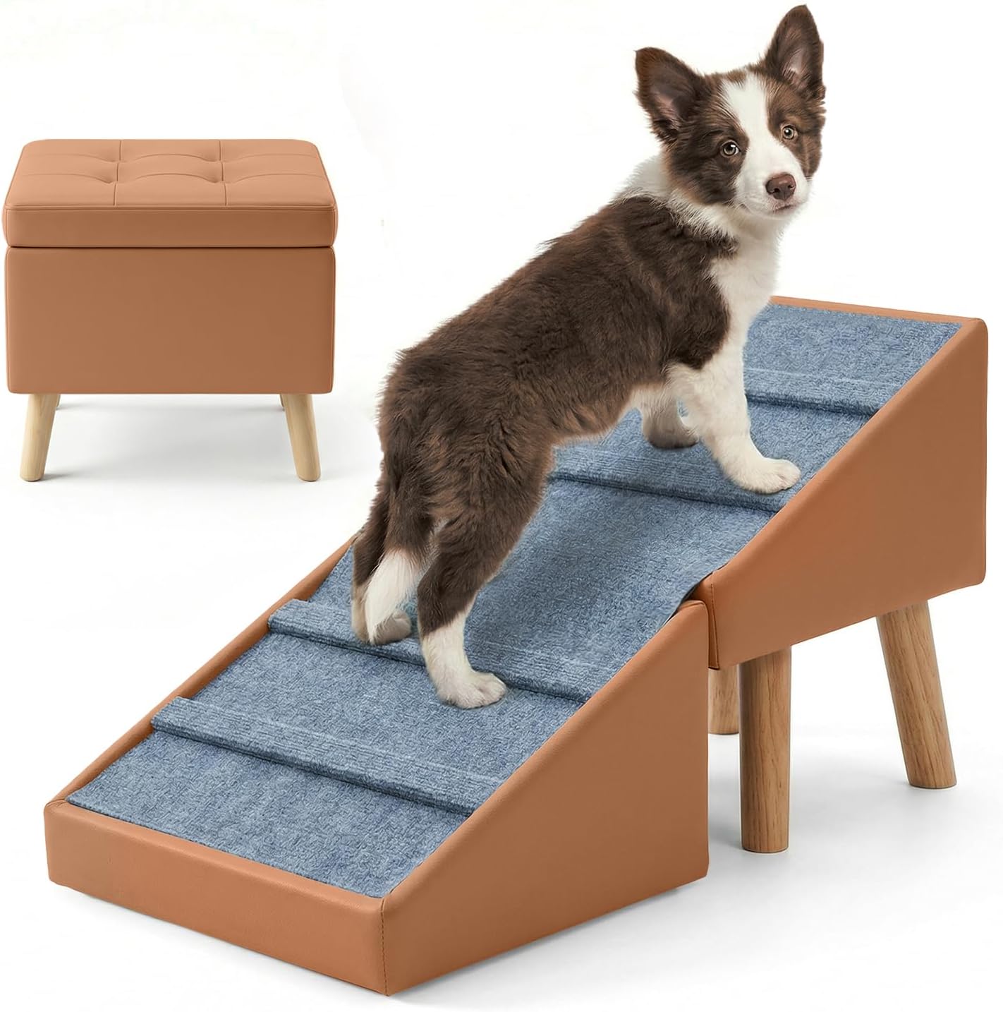 Dog Ramp for Small Dogs, 15.7" H 3-in-1 18.5" Extra Wide Foldable Ottoman & Hidden Storage Design Dog Stairs for Couch Sofa, Non-Slip Pet Steps for Puppy Senior Injured Dogs (White)