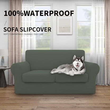 Easy-Going 100% Dual Waterproof 4 Pieces Stretch Soft Couch Cover for Dogs, Sofa Slipcover for 3 Separate Cushion Couch Leakproof Furniture Protector for Kids, Pets Dark Gray