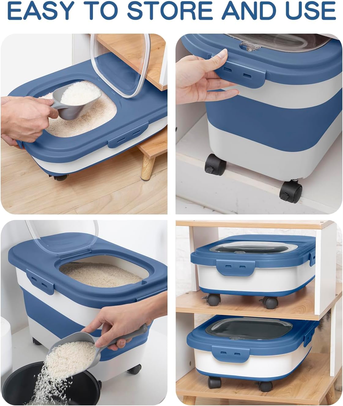 20-30 Lbs Rice Storage Container,Collapsible Food Storage Containers with Rolling Wheel Airtight Locking Lid,Flour Storage Container with Cup and Scoop,Suitable for Food,Rice,Pet Food,Flour