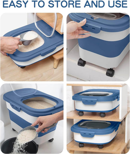 20-30 Lbs Rice Storage Container,Collapsible Food Storage Containers with Rolling Wheel Airtight Locking Lid,Flour Storage Container with Cup and Scoop,Suitable for Food,Rice,Pet Food,Flour