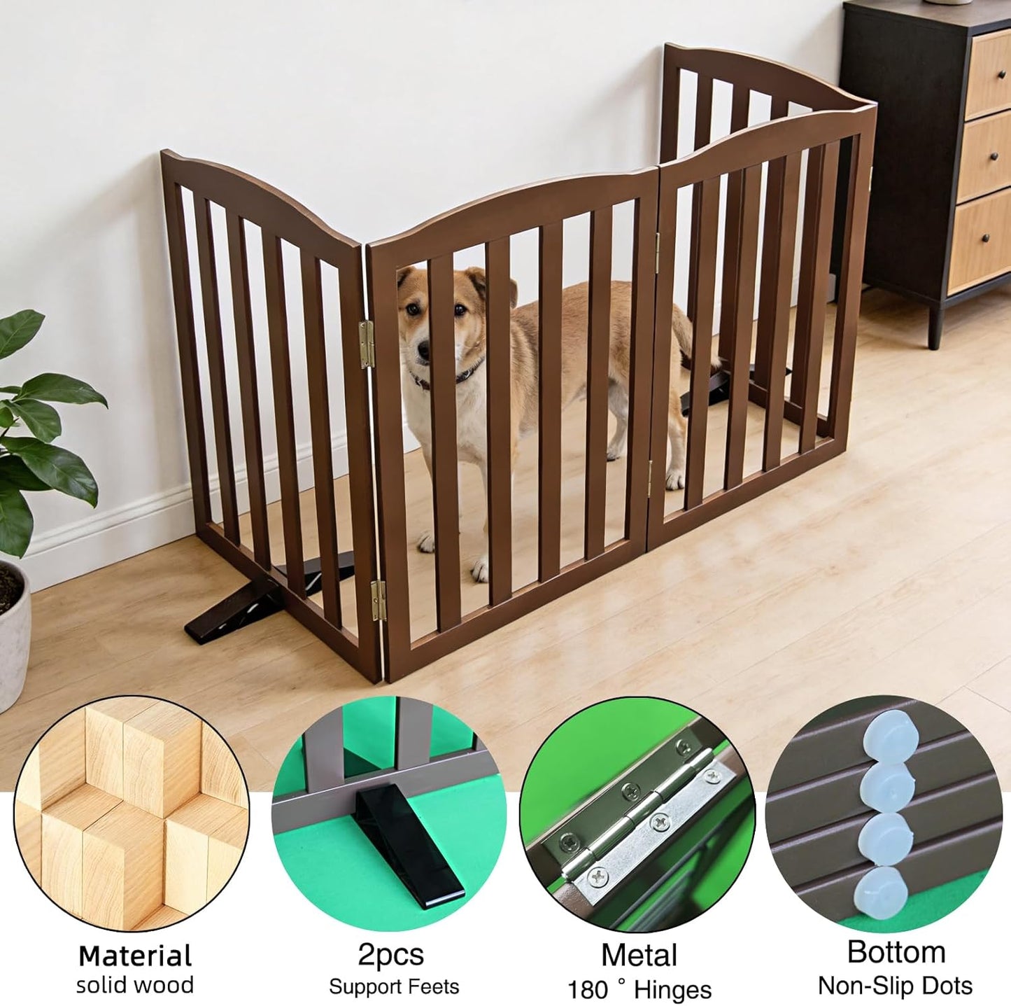 Freestanding Dog Gate Indoor,Doggie Gate Foldable Dog Gates for Doorways,Stairs or Hallways, Wooden White Pet Gate for the House, Pet Fence with Support Feet Included,24 "Height-4 Panels