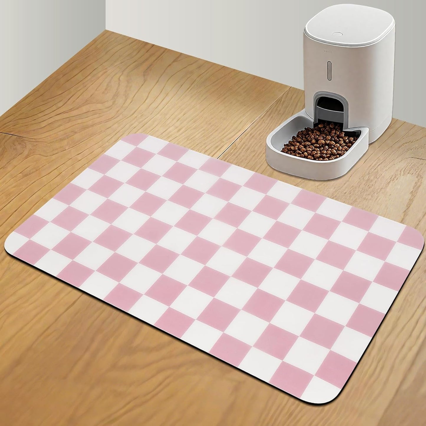 CooRug Checkered Dog Food Mat, Absorbent Leak-Proof Pet Feeding Mat, Quick Dry Cat Food Mat for Messy Drinkers 12" x 20" Khaki