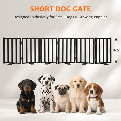 Snagle Paw Short Dog Gate,16.5" Tall Freestanding Metal Dog Gate Only for Small Dogs with Support Feet Easily Step Over,Up to 48" Wide Puppy Gate Indoor for Stairs,Doorways(Black,4 Panel)