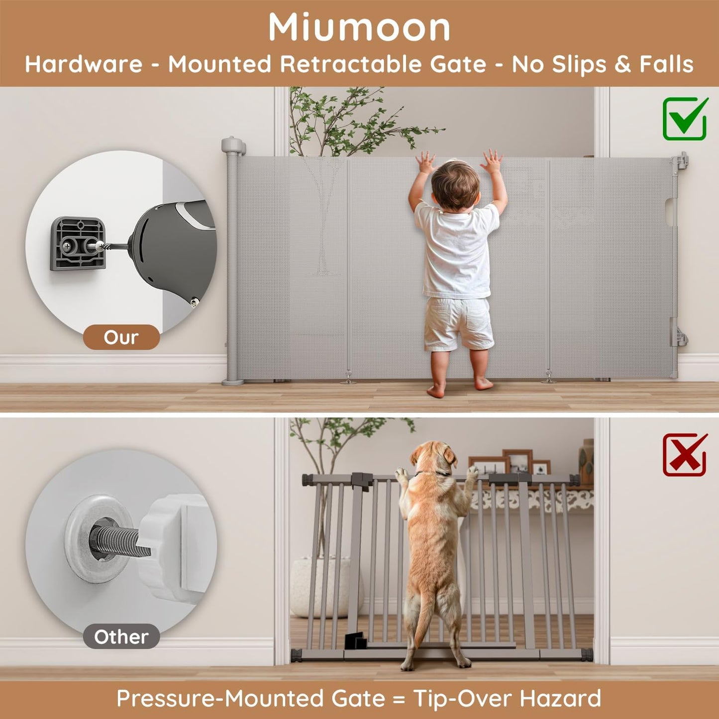 Miumoon One-Hand Operation Retractable Baby Gates, 71 inch Retractable Gate with Reinforced Strip Design to Prevent Crawling Through, 6 FT Retractable Dog Gate for Stairs, Doorways, Hallways