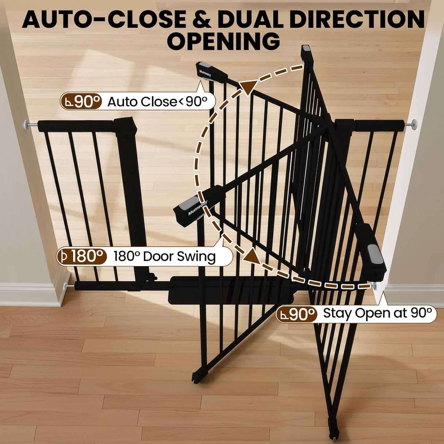 Mumeasy 29.7-46" Baby Gate for Stairs, Pressure Mounted Dog Gate for Doorways, Auto Close Walk Through Pet Gate Indoor, Extra Wide Metal Child Safety Gate, Mom's Choice Awards Winner, Black