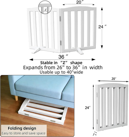 ZJSF Foldable Freestanding Indoor Dog Gate for House Wood White Long Pet Gates Dog Fence for Stairs Puppy Gates for Hallways,Pet Fence, Puppy Gate,Support Feet Included 24 "Height-3 Panels