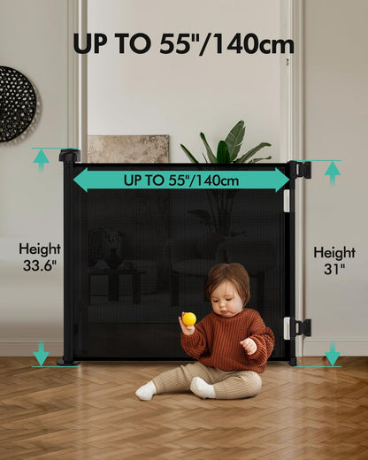 Retractable Baby Gates, Mesh Dog Gate for Doorways, 33.6" Tall, Expands to 55" Wide,Pet Safety Essential Fit for Baseboards, Wide Toddlers Gates for Hallways, Indoor & Outdoor,Gray
