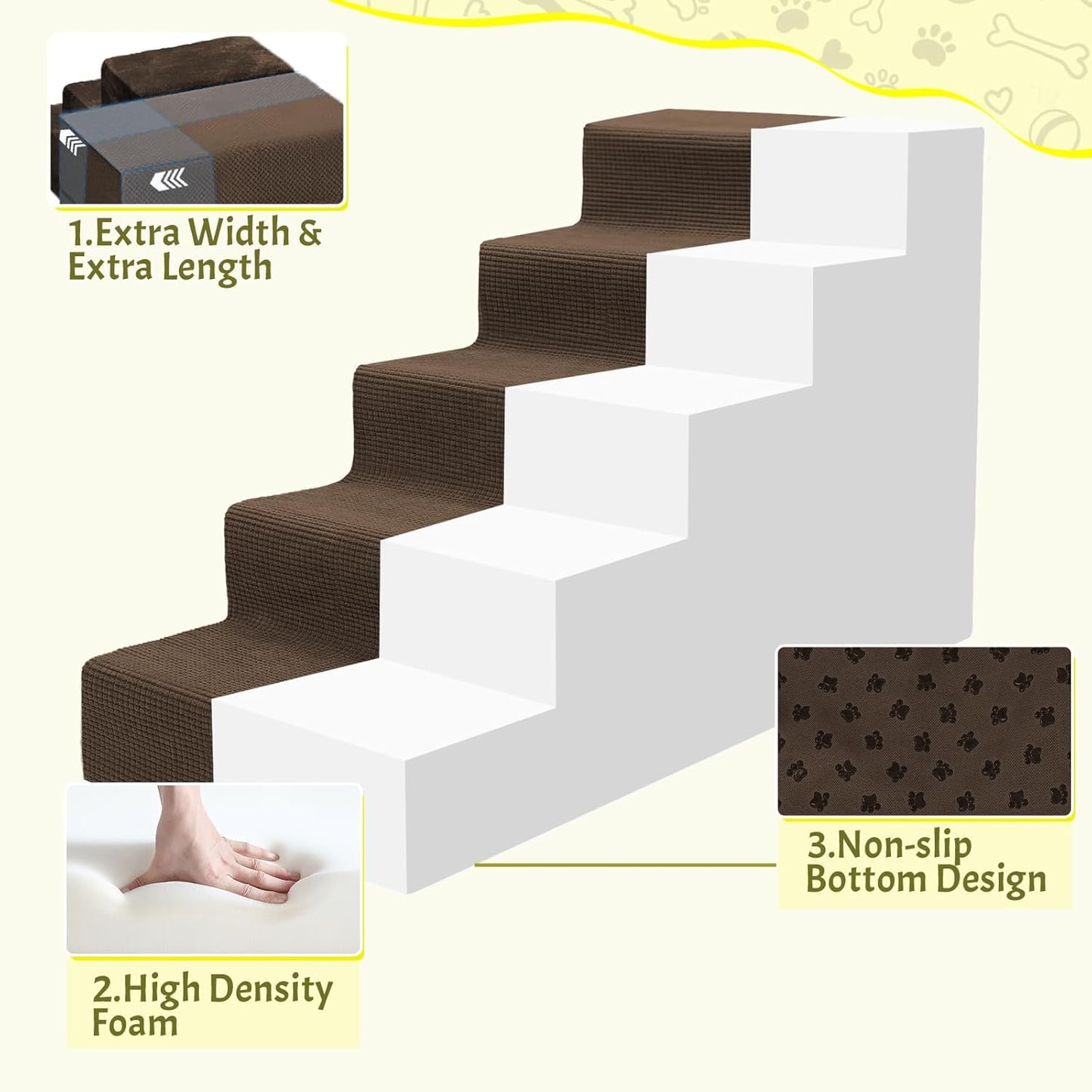 Niubya Dog Stairs for Small Dog and Cats,23”H Non-Slip Bottom Pet Steps for High Beds and Couch,Extra Wide High-Density Foam Pet Stairs Grey,5 Steps