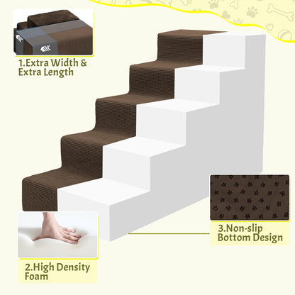 Niubya Dog Stairs for Small Dog and Cats,23”H Non-Slip Bottom Pet Steps for High Beds and Couch,Extra Wide High-Density Foam Pet Stairs Grey,5 Steps