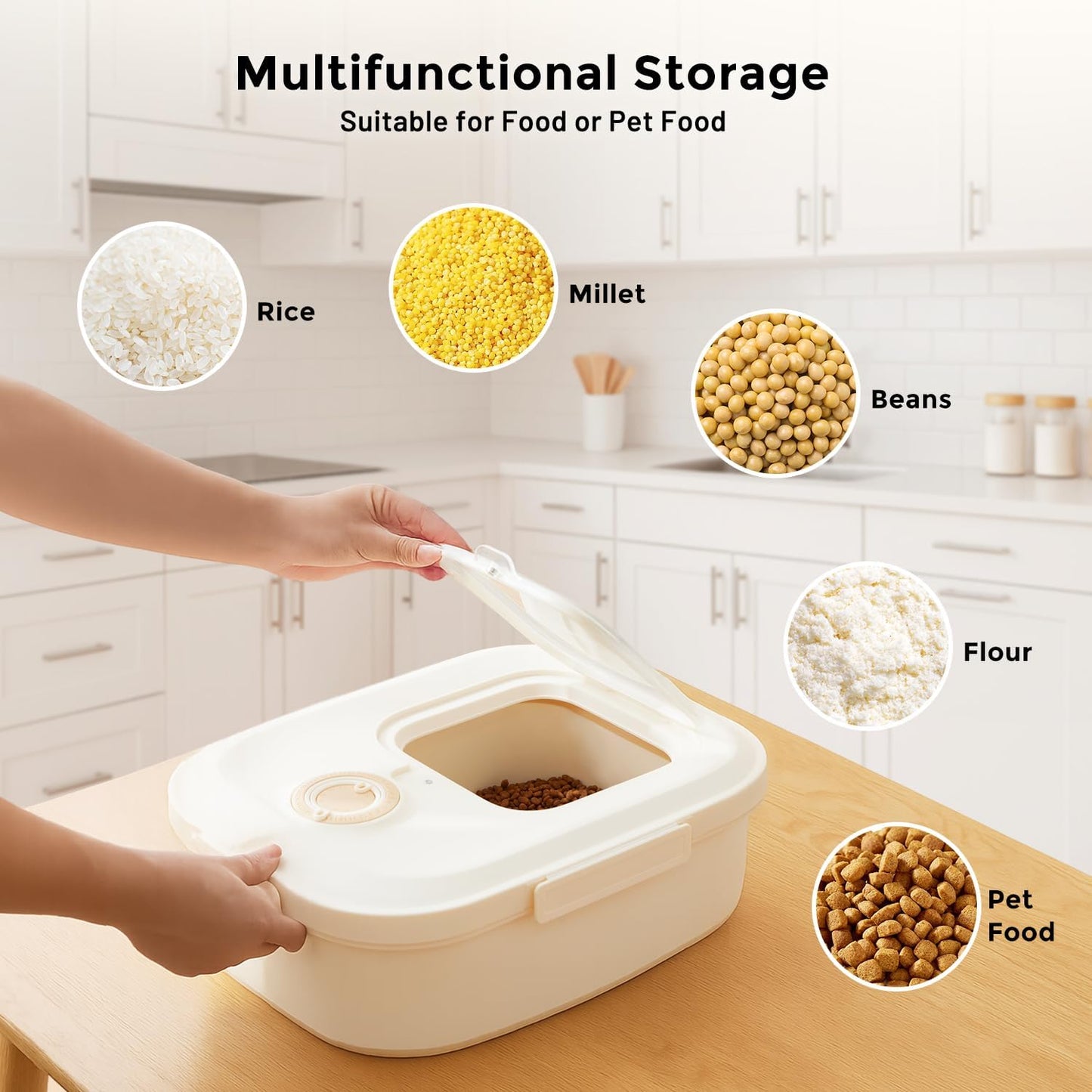 ZOMISIA 40-50lbs Dog Food Storage Container, Large Capacity Collapsible Airtight Pet Food Storage Containers with Rolling Wheels, Transparent Lid, Scoop and Date Track, Khaki