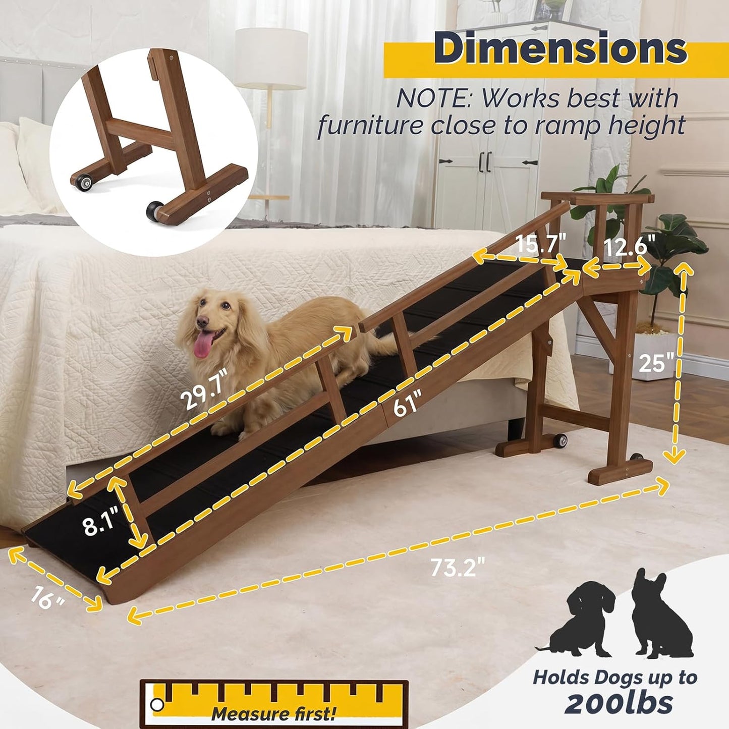 Dog Ramp for Bed or Couch, Wooden Pet Ramp with 20° Gentle Slope, Removable Side Rails, Non-Slip Surface, Top Platform & Wheels, Safe Bed Ramp for Small, Large & Senior Dogs, 60" Long, Mahogany