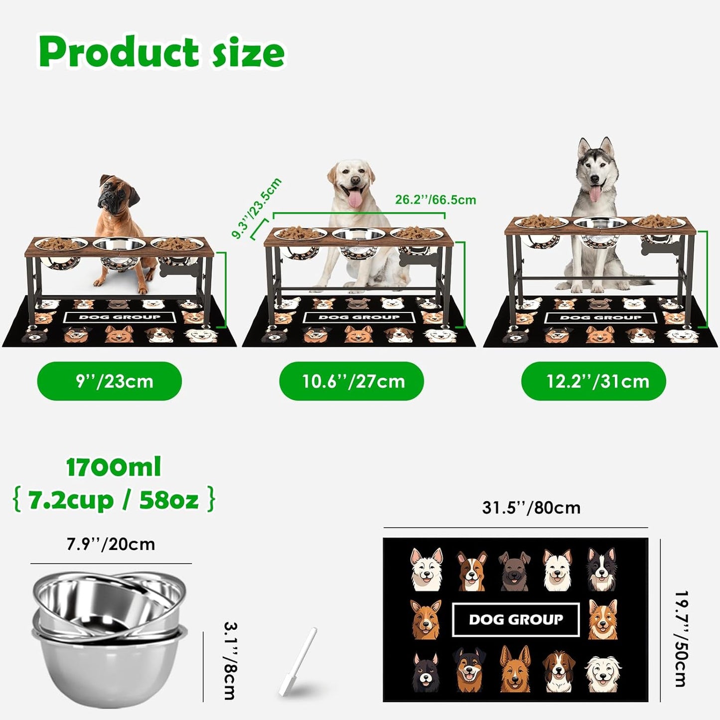 SHAINFUN Metal Elevated Dog Bowls Stand for Large Dogs with Mat & Three 58oz Food Water Bowls, Adjustable Height Raised Dog Bowl Stand