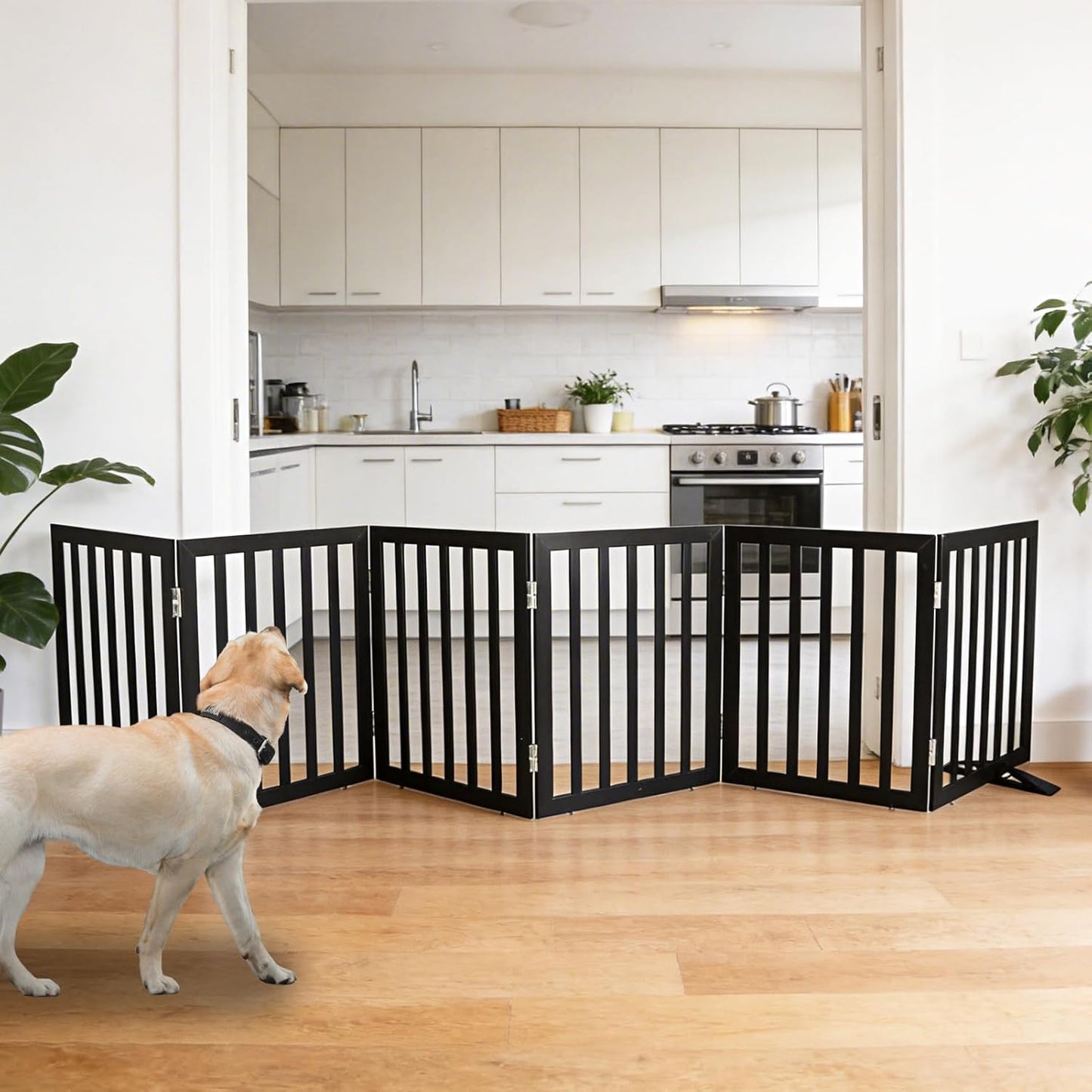 ZJSF Freestanding Indoor Dog Gate for House Foldable Wood Puppy Gate for Doorways Pet Gate for Stairs Extra Wide Pet Fence, Brown, 24" Height 3 Panels