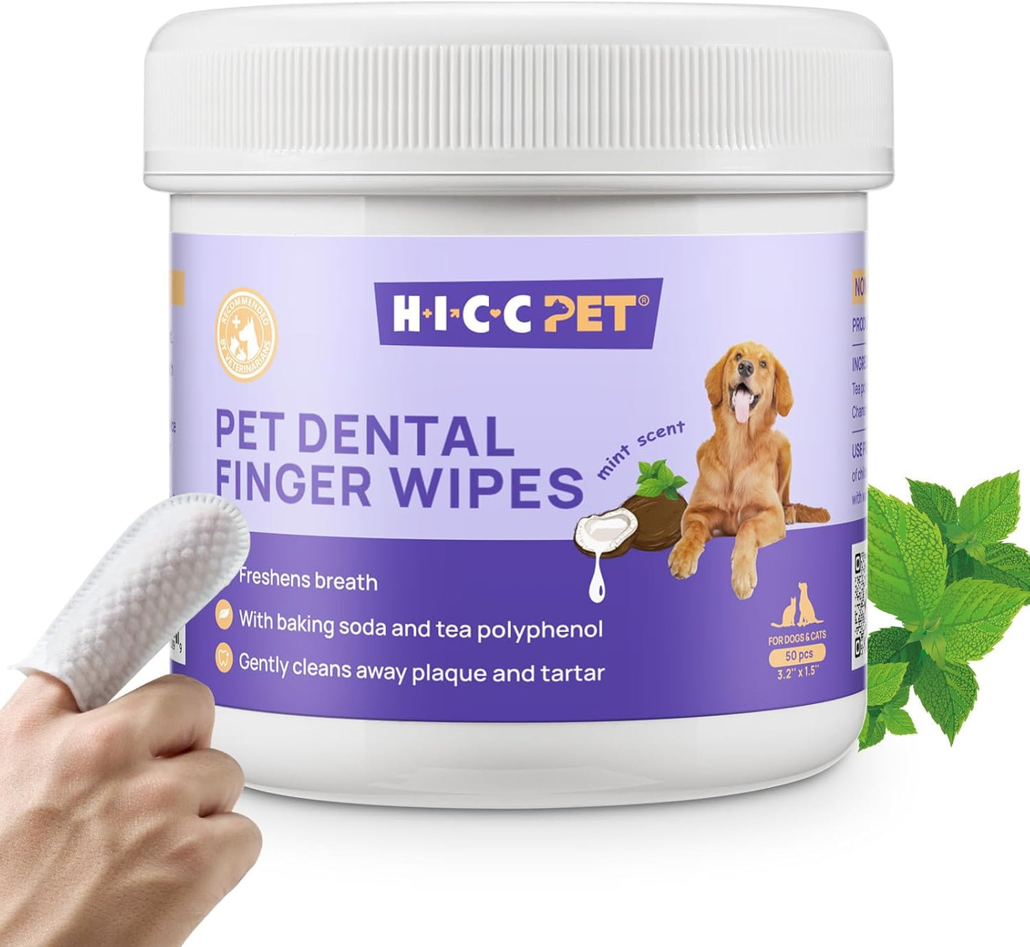 HICC Pet Teeth Cleaning Wipes for Dogs & Cats, Remove Bad Breath by Removing Plaque and Tartar Buildup No-Rinse Dog Finger Toothbrush, Disposable Gentle Cleaning & Gum Care Pet Wipes, 50 Counts