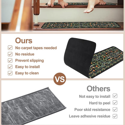 OJIA Floral Stair Treads Non-Slip Carpet Stair Treads for Wooden Steps Indoor 15PCS 30"x8" Stair Runner Stair Mats Staircase Step Treads for Kids, Elders and Dogs, Stair Covers, Black