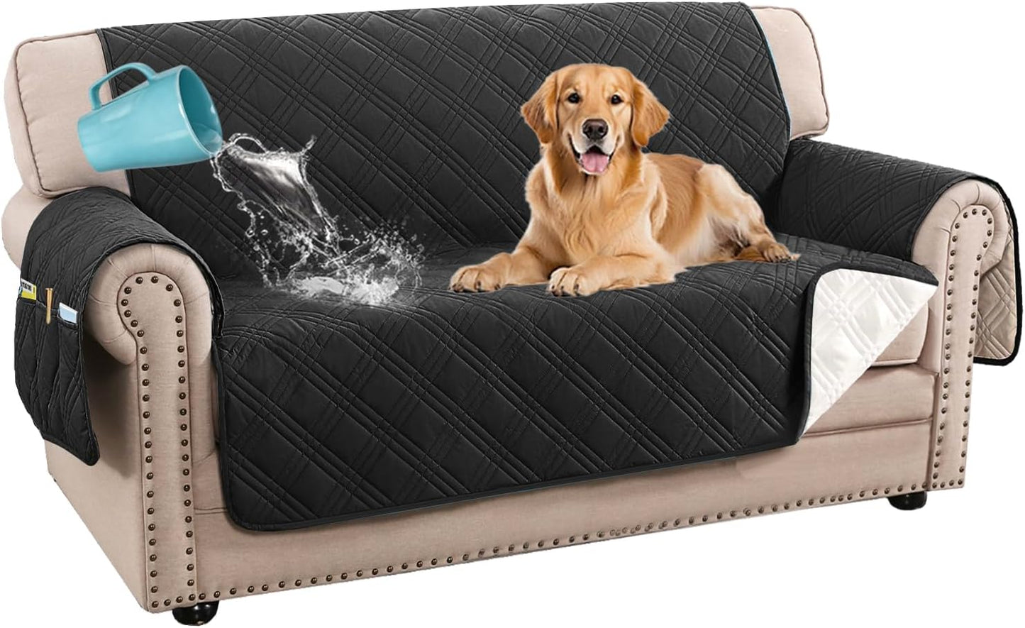 H.VERSAILTEX 100% Waterproof Slipcovers for Couches and Sofas Modern Pet Couch Cover Thick Soft Furniture Protector with Elastic Straps(Sofa, Lily Pad/Beige)