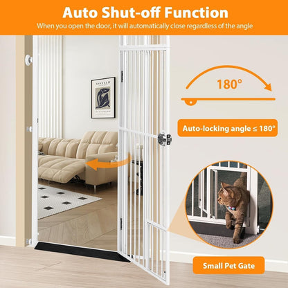 71" Extra Tall Pet Gate with Cat Door, Walk Through Pet Gate Pressure Mounted No Drilling, 28.7"-37.5" Wide, Auto Close Metal Safety Barrier for Stairs Hallway House, White