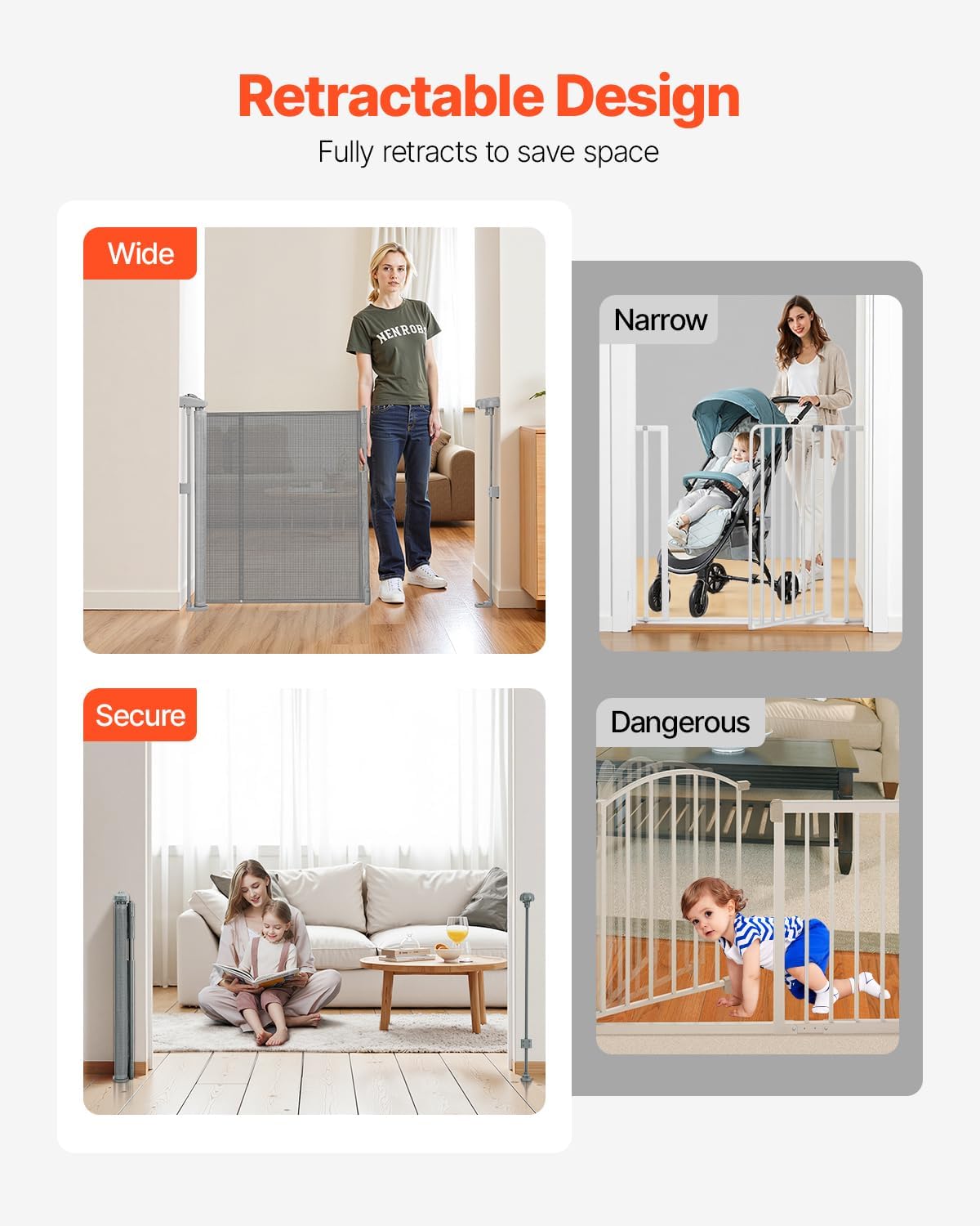 VEVOR Retractable Baby Gate, 34 inch Tall, Extends up to 110 inch Wide, Retractable Gate for Kids or Pets, Mesh Material, Easy to Install for Indoor Stairs, Doorways, Hallways, Playrooms, Gray