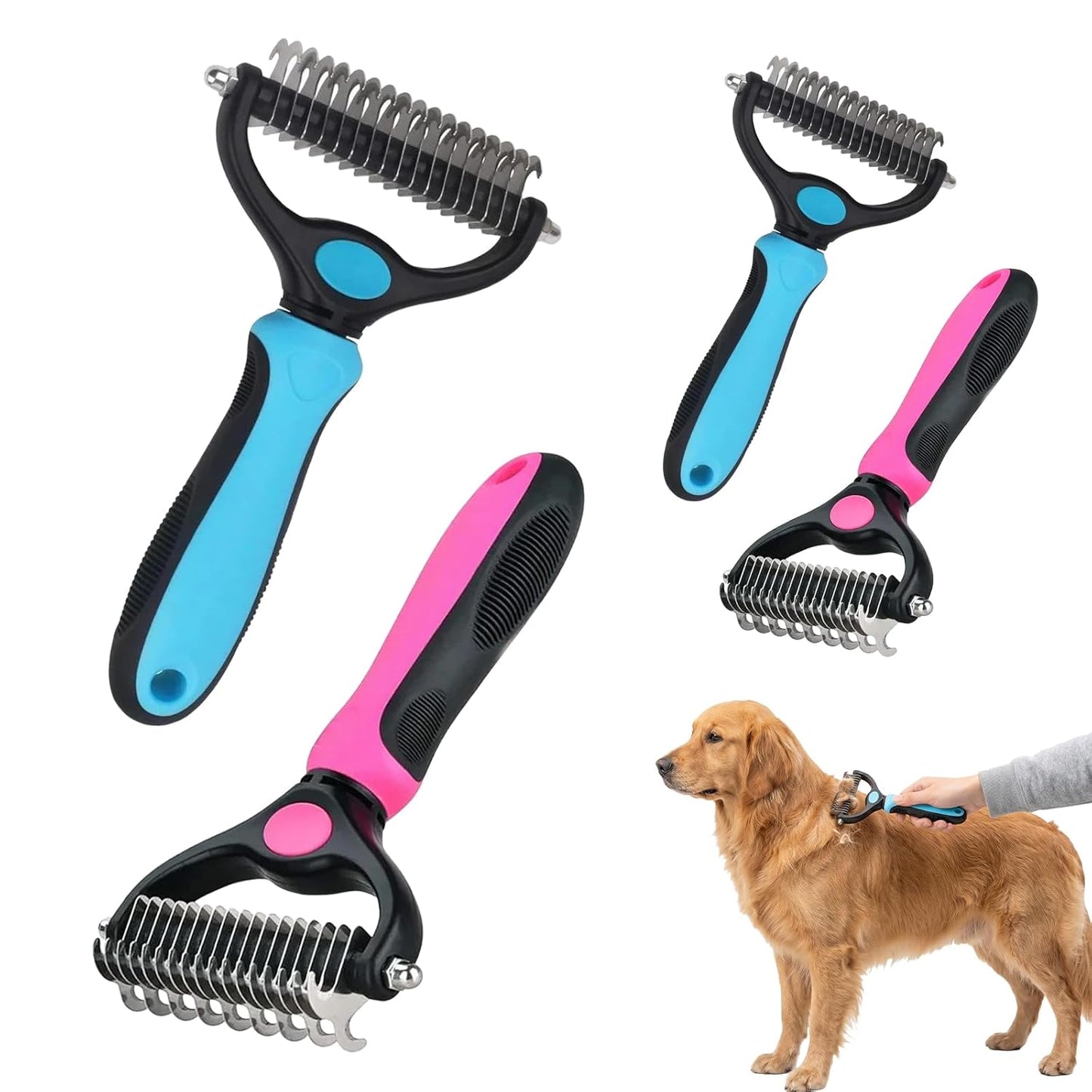 Sakerplus Pet Grooming Tool, Deshedding Dog Brush, 2-in-1 9/17 Teeth Undercoat Rake for Dogs and Cats, Stainless Steel Pet Grooming Brush for Long Hair, Thick Coats (Pink,large)