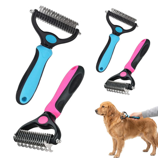 Sakerplus Pet Grooming Tool, Deshedding Dog Brush, 2-in-1 9/17 Teeth Undercoat Rake for Dogs and Cats, Stainless Steel Pet Grooming Brush for Long Hair, Thick Coats (Pink,large)