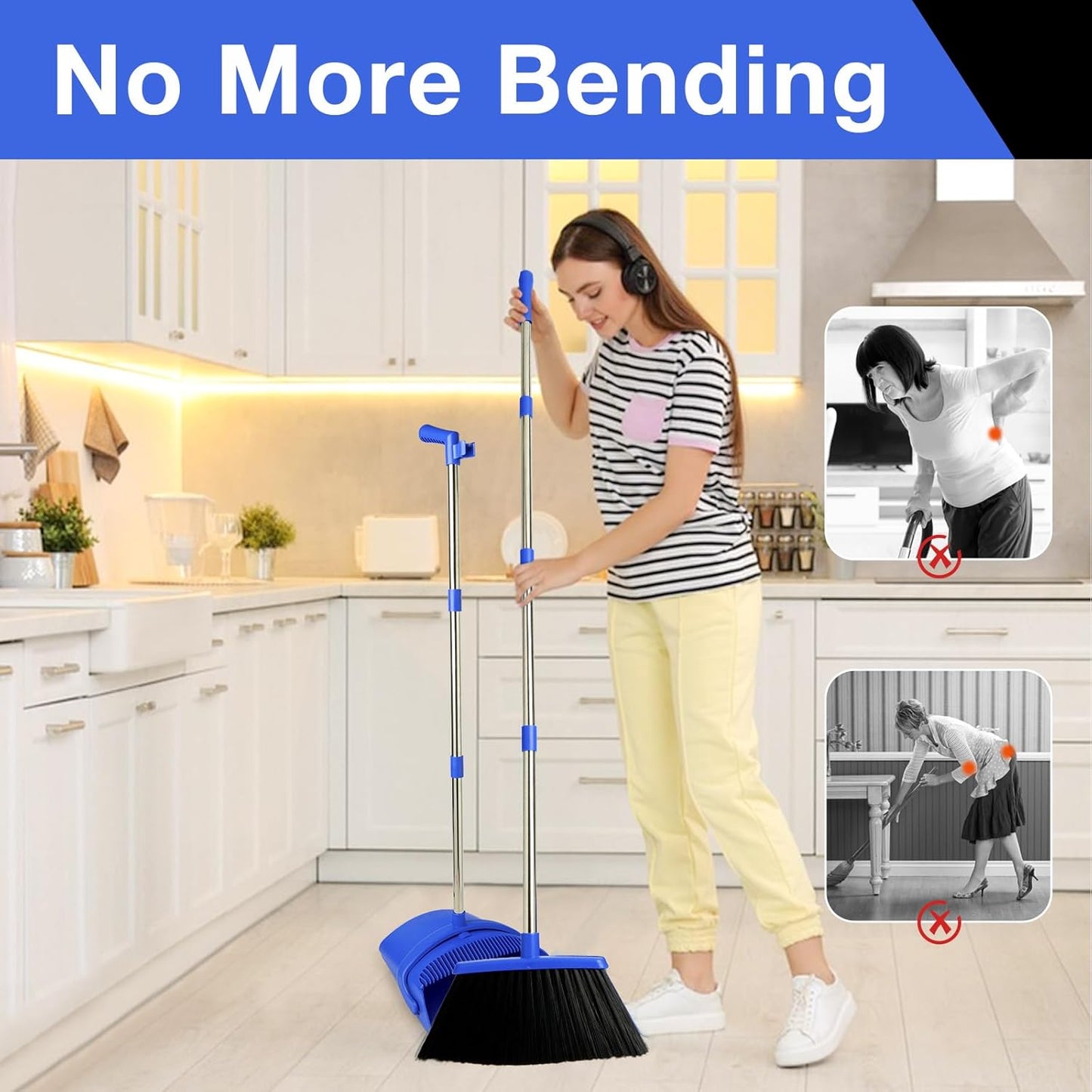 Broom and Dustpan Set with Long Handle, Light Weight Stainless Steel Poles Stand Upright Dustpans with Broom Combo for Home Kitchen Office Pet Dog Hair, Brown & Beige Color, 1-Pack