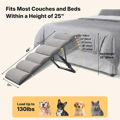 Veehoo Dog Ramp for Bed Couch for Small to Large Dog, Foldable Ramp for Dogs to Get on Bed 5 Adjustable Height from 17" to 23", Pet Cat Stairs Doggy Steps Non Slip with Metal Frame, Up to 130lbs