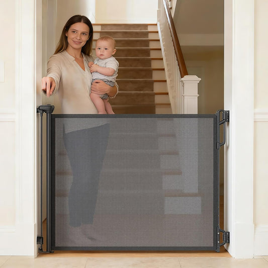 SPACEANY Retractable Safety Baby Gate or Mesh Dog Gate,Durable Portable Mesh Retractable Gate,Easy to Use for Stairs, Doorways, Hallways, Indoor, Outdoor, 33.5" Tall, Up to 45" Wide, Cream