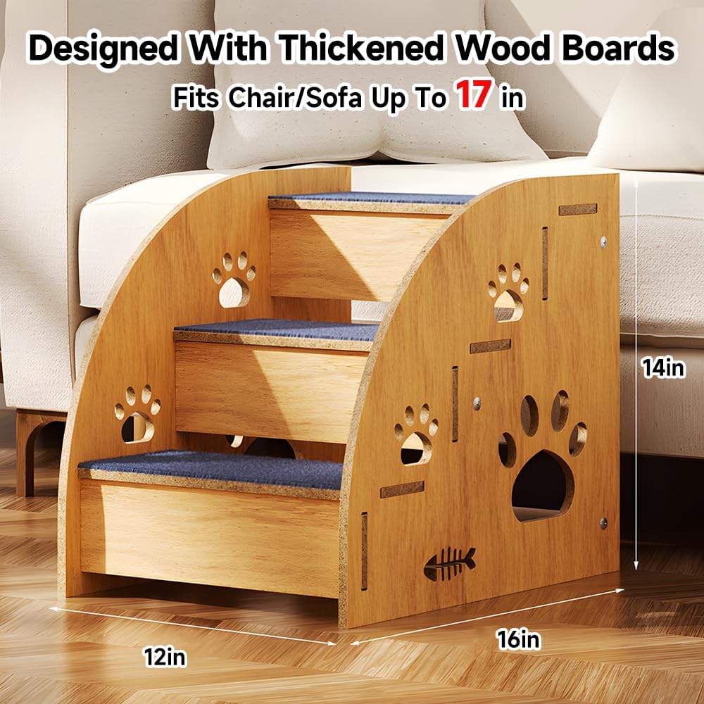 Pet Steps for Small Dogs,Wooden Cat Stairs for Old Cats,Doggy Dog Steps for Bed Couch Sofa Windows,3-Step Ladder, 16" L x 12" W x 14" H，Suitable for Height 14-17in