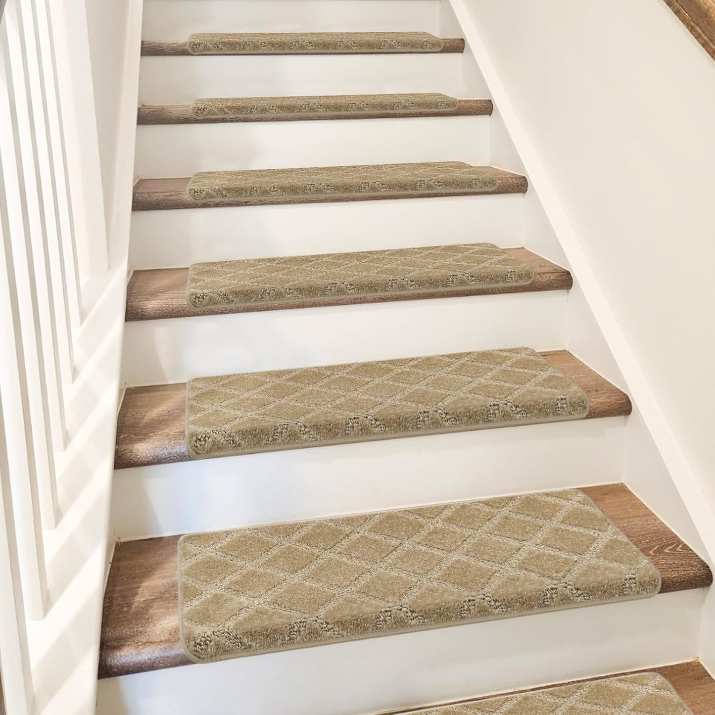 PURE ERA Bullnose Carpet Stair Treads Set Tape Free Non-Slip Indoor Stair Protectors Pet Friendly Rugs Covers Soft Skid Resistant Washable Reusable 9.5" x 30"(14 Pieces,Cream Gray)