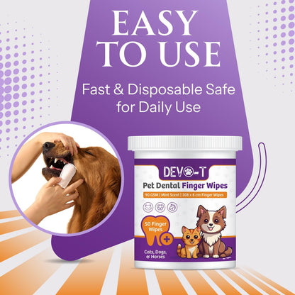 DEVO-T 100% Natural Dog Teeth Cleaning Wipes Unscented | 50 Count | Pet Teeth Cleaning Finger Wipes for Dogs, Cats & Horses | Remove Bad Breath, Plaque & Tartar Buildup | Dog Dental Wipes Finger
