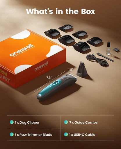 oneisall Professional Dog Grooming Kit at Home: All-in-One Quiet Clippers & Nail Grinder with LED Light, 2000mAh Cordless Dog Shaver, Safe Poodle Grooming Kit for Paws, Face, Ears & Body