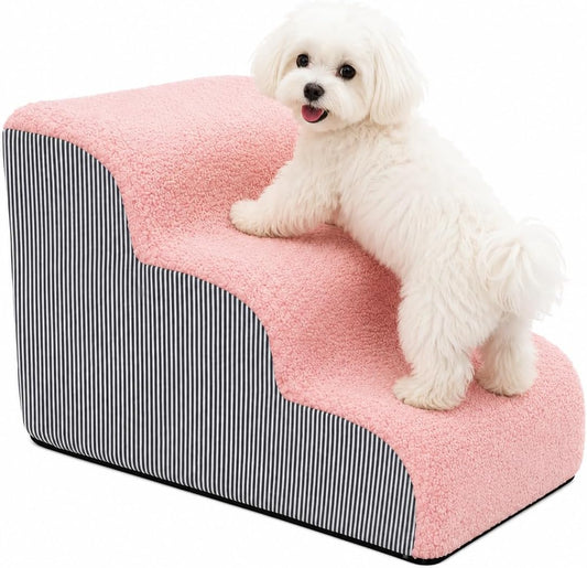Dog Stairs & Steps, 3-Step Pet Stairs for Small Medium Dogs and Cats, Non-Slip Balanced Pet Ramp Indoor, Durable Non-Slip Fabric Cover and Foam (Pink)