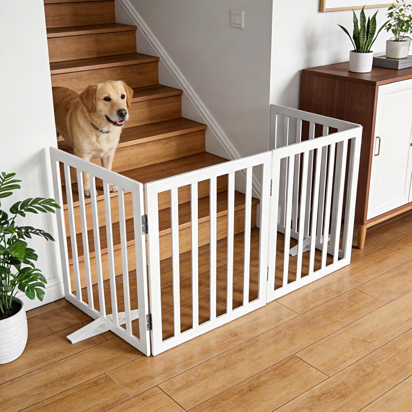 ZJSF Freestanding Indoor Dog Gate for House Foldable Wood Puppy Gate for Doorways Pet Gate for Stairs Extra Wide Pet Fence, Brown, 24" Height 3 Panels