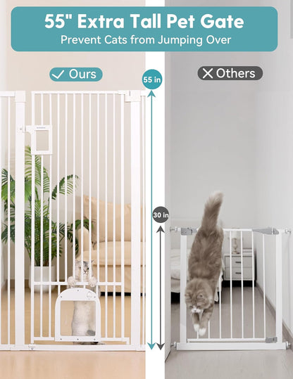 No Pawblems 55" Extra Tall Pet Gate for Cat/Dog, 29-40" Wide Auto Close Tall Dog Gate for Doorways/Hallways, 1.37" Ultra Narrow Spacing, NO Drilling Pressure Mounted, Black