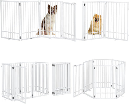 Metal Freestanding Dog Gate with Door, Extra Wide 81", 31" Height Foldable Dog Gates for Doorways, Tall Pet Fence Indoor Pet Gates, 4 Panels Pet Barrier for Stairs Hallways, Black