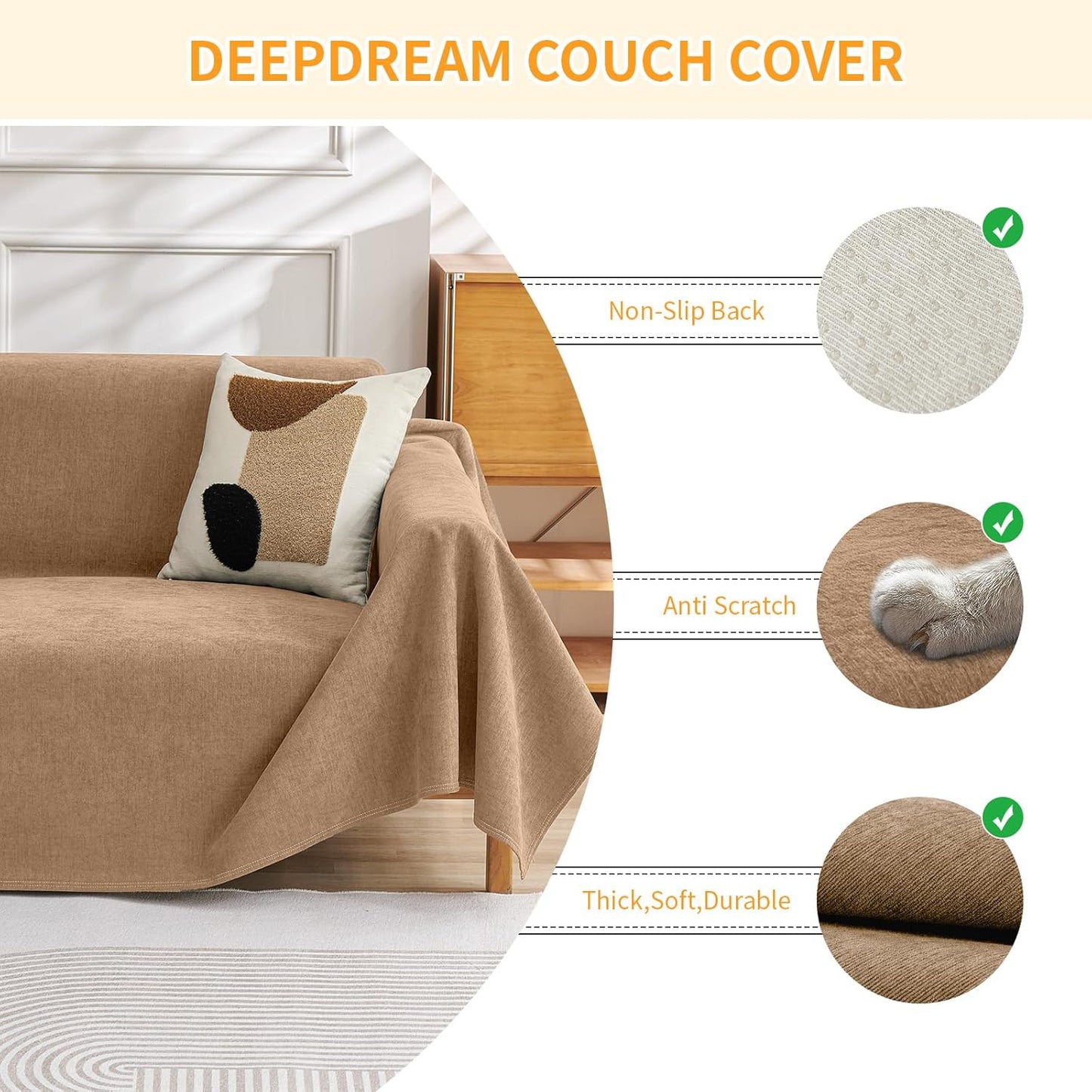 Deep Dream Cat-Scratch Resistant Couch Cover, Waterproof Sofa Cover for 3 Cushion Couch Washable, Pet Friendly Couch Protectors Anti Slip Thickened Love Seat Slipcovers for Pets, 71" x 118", Dark Grey