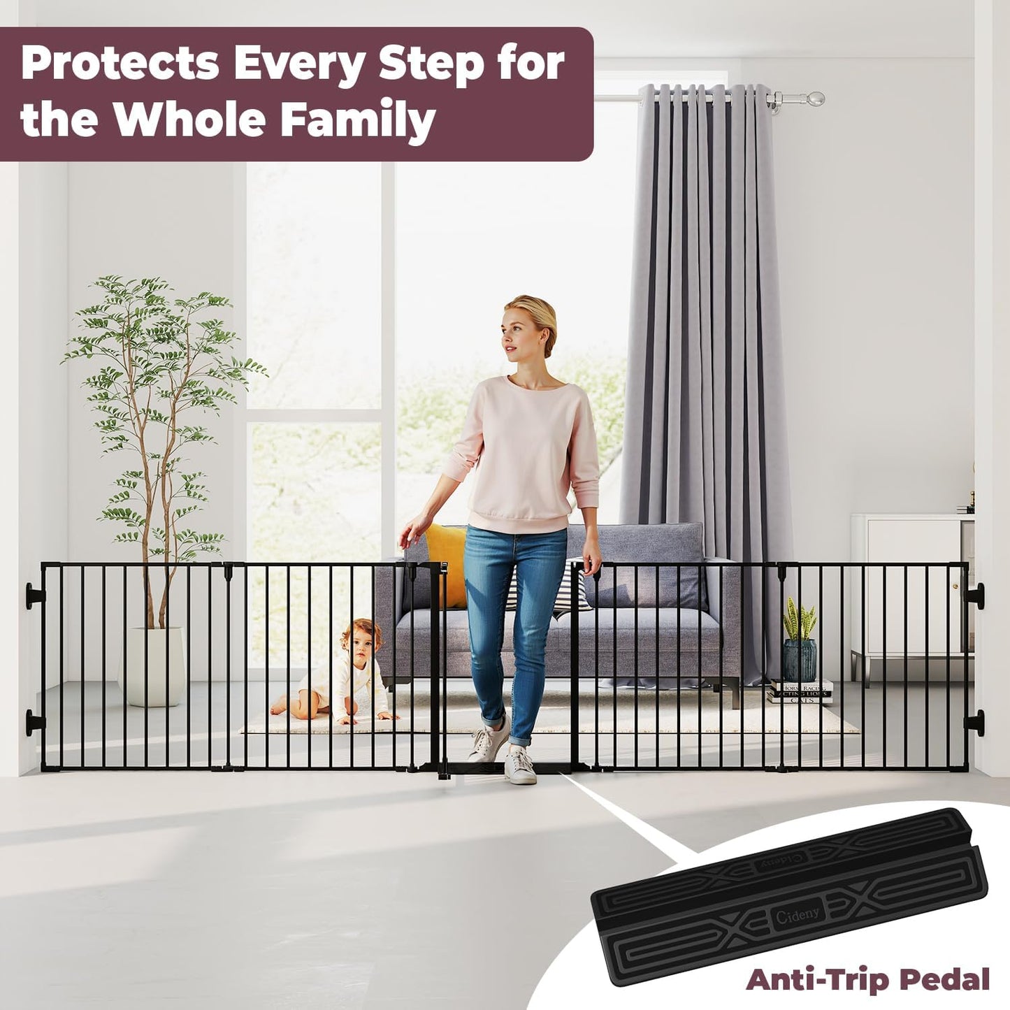 29.4-78" Extra Wide Baby Gate, Long Dog Gates Indoor for Doorways Stairs, Essential Large Safety Gate for Child Toddler with Anti-Trip Pedal, Adjustable Pet Gate, 28" Tall 3 Metal Panels Black