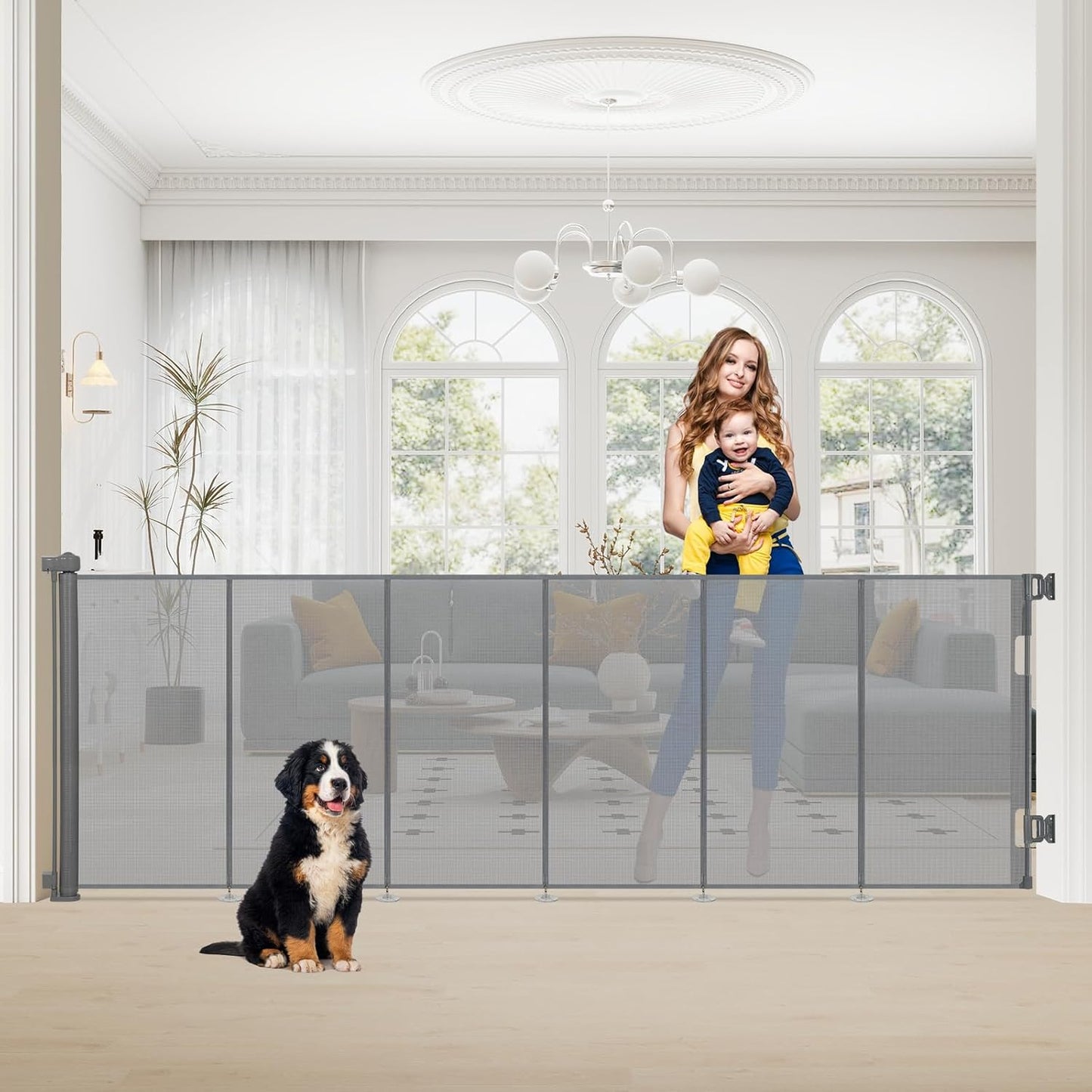 SMONTER Extra Wide Retractable Dog Gates, Mesh Baby Gate with Support Rods Extend to 118" Wide 33" Tall, Portable Safety Retractable Gate for Stairs, Indoor/Outdoor, Black