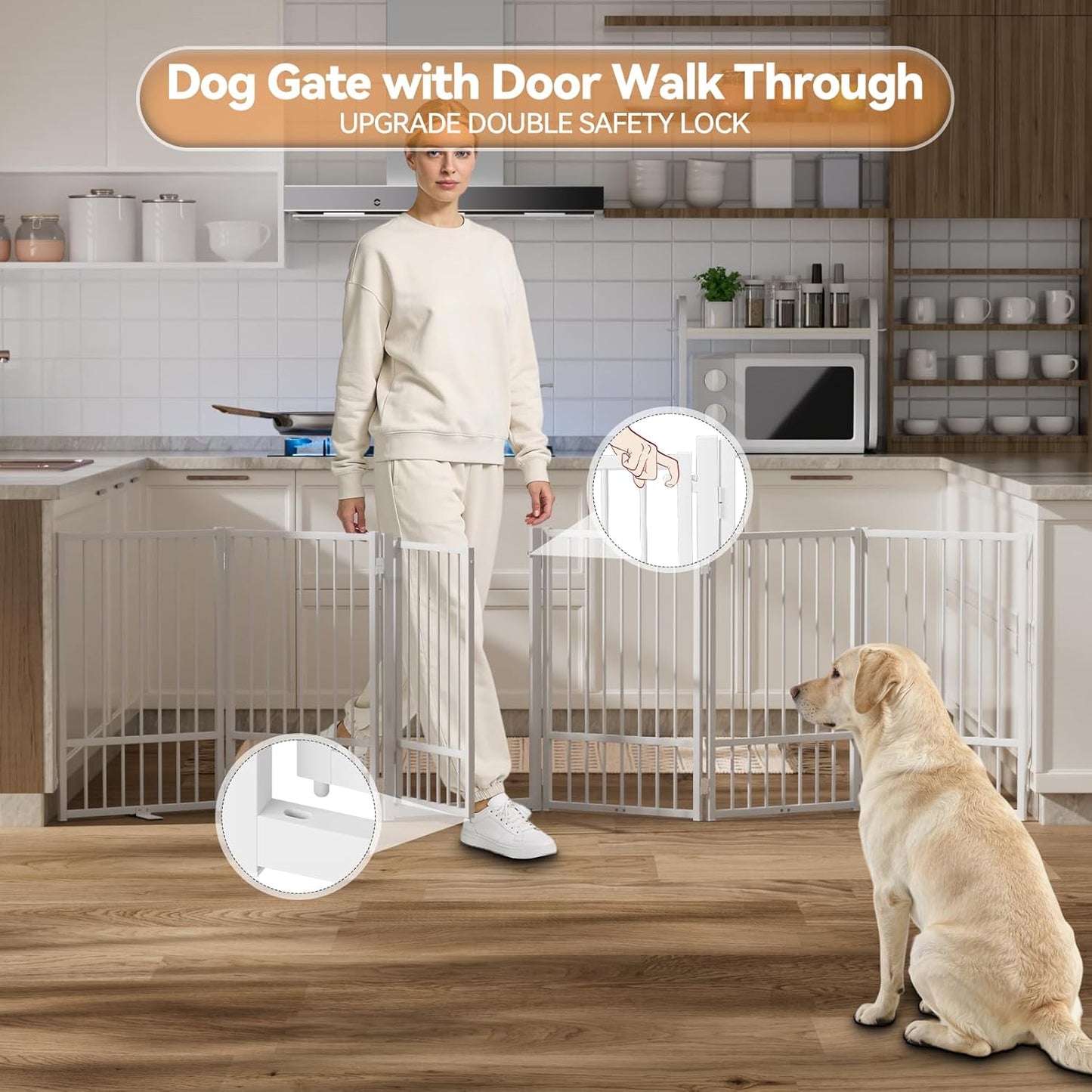 SNUOWU Full Metal Freestanding Dog Gate with Door, 32''Height Foldable Pet Dog Fence for Indoor & Outdoor, 4 Panels Extra Wide Free Standing TallDog Gates for Doorways,House,Stairs,Porch,Deck,Yard