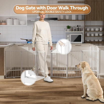 SNUOWU Full Metal Freestanding Dog Gate with Door, 32''Height Foldable Pet Dog Fence for Indoor & Outdoor, 4 Panels Extra Wide Free Standing TallDog Gates for Doorways,House,Stairs,Porch,Deck,Yard