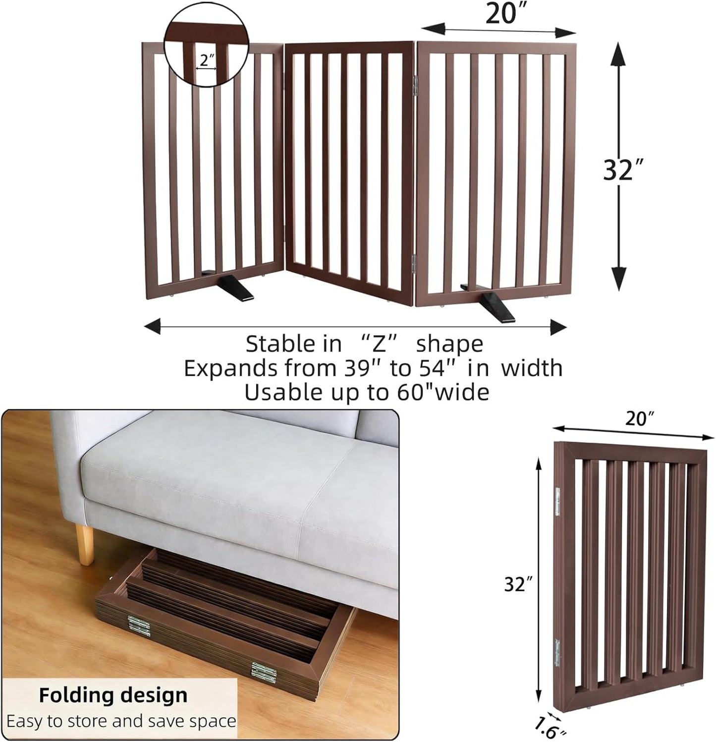 ZJSF Freestanding Indoor Dog Gate for House Foldable Wood Puppy Gate for Doorways Pet Gate for Stairs Extra Wide Pet Fence, Brown, 24" Height 3 Panels