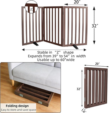 ZJSF Freestanding Indoor Dog Gate for House Foldable Wood Puppy Gate for Doorways Pet Gate for Stairs Extra Wide Pet Fence, Brown, 24" Height 3 Panels