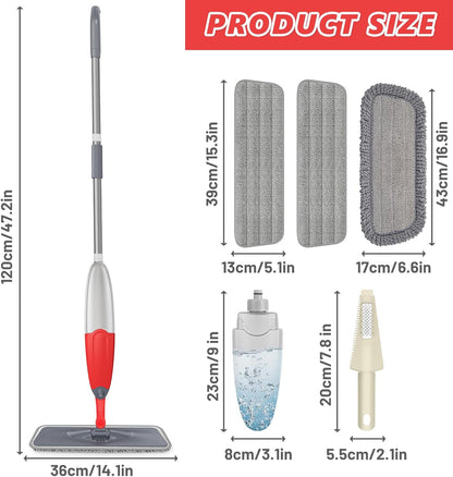 HOMTOYOU Spray Mops for Floor Cleaning: Wet Mop for Hardwood Tile Wood Laminate Vinyl - 3 Washable Microfiber Pads for Swiffer Powermop - Absorbs Pet Hair Dust