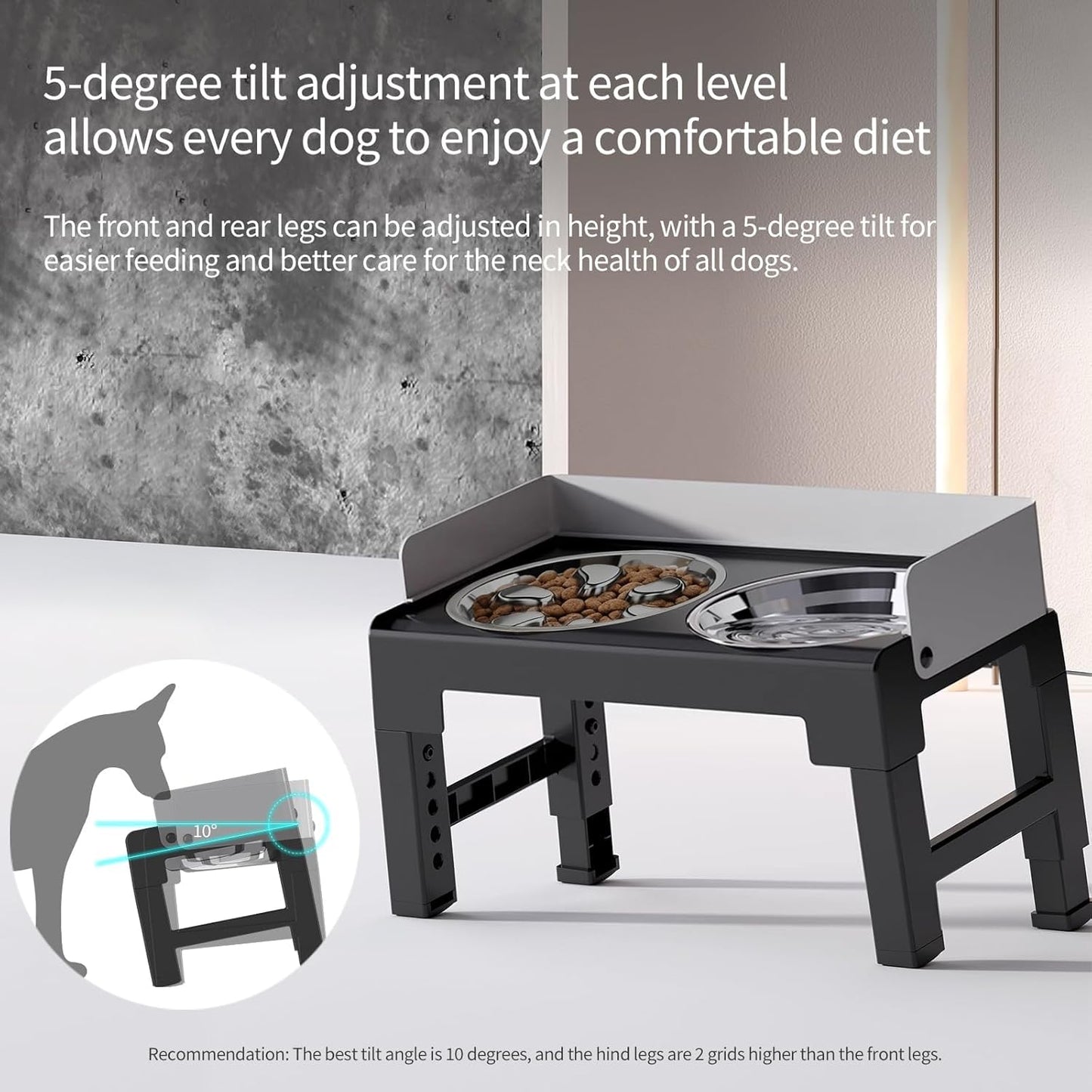PAKEWAY Elevated Dog Bowls, Spill Proof, Tiltable Dog Feeder with 2 Stainless Steel Bowls, 6 Height Adjustable Raised Bowl